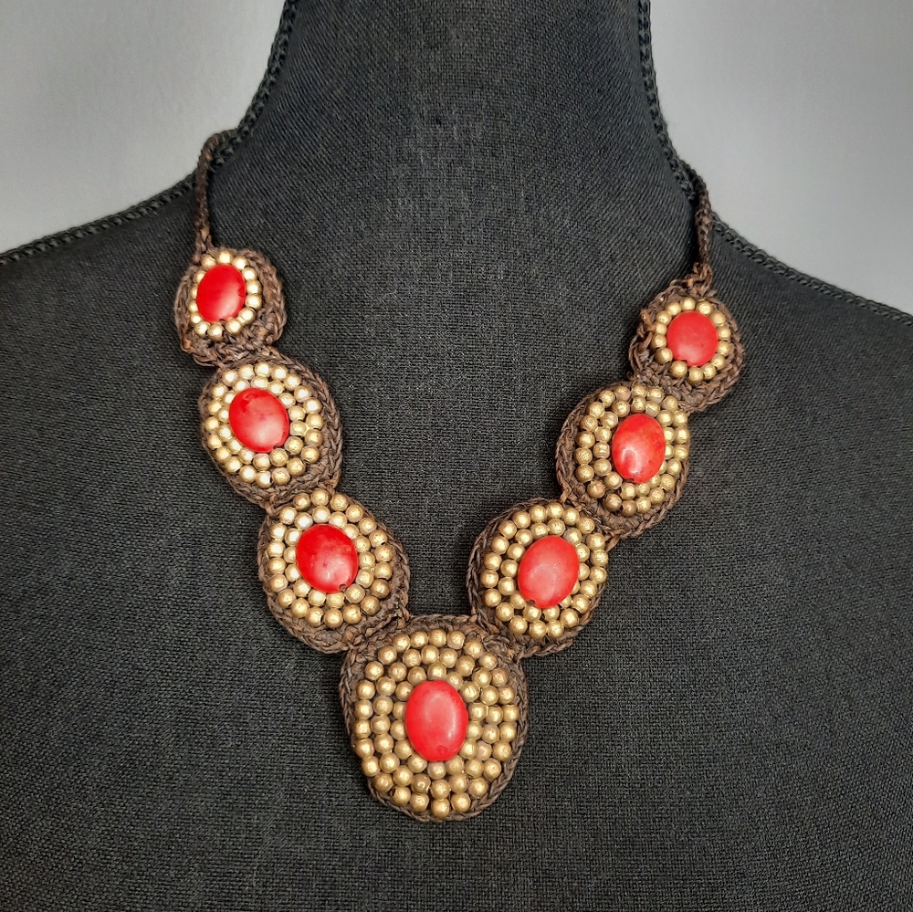 Elegant Gold and Red Beaded Necklace